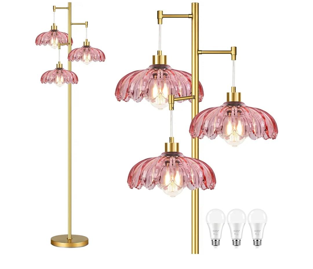 Vintage Floor Lamps for Living Room Bedroom-3 Light Glass Floor Lamp with Three Led Bulb, Modern Mid Century Standing Lamp Brass Tall Lamp Gold Tree Floor Lamp for Bedroom Corner
