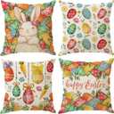 Eggs Bunny Flowers Carrots Rabbit Easter Pillow Covers Throw Pillow Cases Set of 4 Decorations for Farmhouse Home Sofa Couch Cushion Cover Party Holiday Decor 16x16 Inch