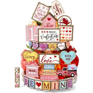 24 Pcs Vintage Farmhouse Valentine's Day Tiered Tray Decor Set Heart Wooden Valentine Table Centerpieces Love Heart XOXO Wooden Signs for Home Decor