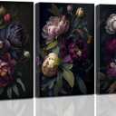 3 Pcs Moody Floral Canvas Wall Art Vintage Dark Peony Flowers Botanical Still Life Painting Picture Wall Decor Poster Print Artwork for Living Room Bedroom Women Room Home Decoration (24L" x 16W")