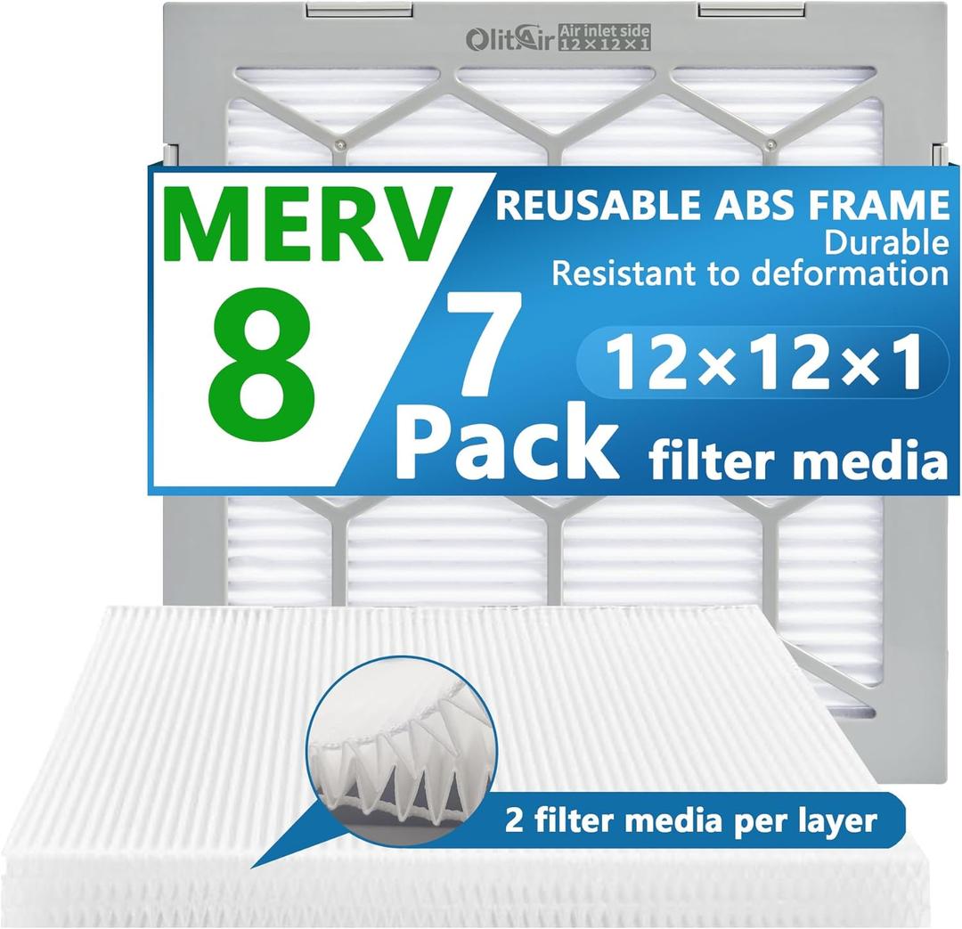 12x12x1 MERV 8 Air Filter,AC Furnace Air Filter,Reusable ABS Plastic Frame, 7 Pack Replaceable Filter Media (Actual Size: 11 3/4" x 11 3/4" x 3/4")