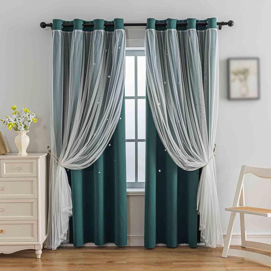 Anytime Romantic Kids Curtain,Hollow-Out Stars Window Curtain Double Layer Blackout Curtains for Girls Bedroom Kids Room 2Panel,(W52 x L72,Dark Green)