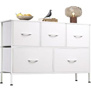 WLIVE White Dresser for Bedroom with 5 Drawers, Chest of Drawers, Fabric Small Dresser with Drawer Organizers, Storage Organizer Unit for Hallway, Entryway, Closets (11.73"D x 39.37"W x 26.57"H)