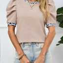 Tankaneo Womens Puff Short Sleeve Tops Summer Dressy Casual Crew Neck Work Blouses 2026 Leopard Loose Fit T Shirt (Beige, L)