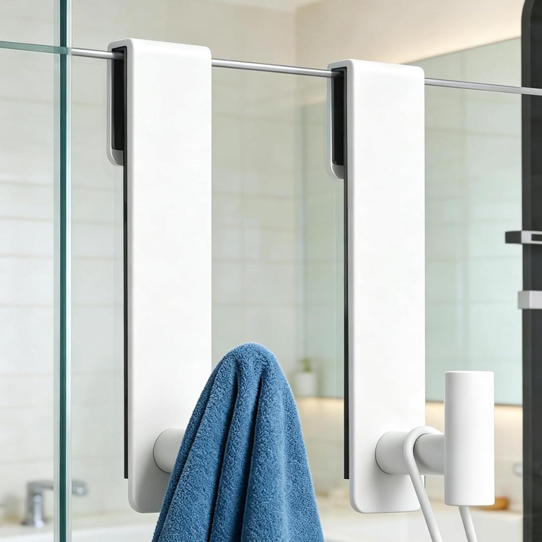 PMMASTO Shower Door Hooks, (7.5 Inch) Extended Towel Hooks for Bathroom Frameless Glass Shower Door, Stainless Steel Heavy Duty Hooks (White, T Shape-Fits 3/8" Thick Door)