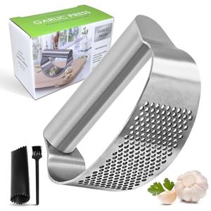 Garlic Press Rocker 304 Stainless Steel Garlic Mincer & Crusher with Silicone Peeler and Cleaning Brush, Ergonomic Dishwasher Safe Garlic Chopper Kitchen Gadget for Seniors & Home Cooks