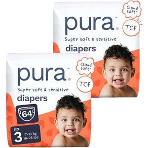 Pura Baby Diapers Size 3 (16-28 lbs) 32 Count Sensitive Skin | 12 Hour Leak Protection, New Blowout Blocker, Cloud Soft, Totally Chlorine Free*, Allergy UK Certified