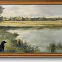 Gold Framed Wall Art Vintage Hunting Canvas Wall Art Black Dog Artwork Nature Landscape Prints Rustic Cottagecore Picture for Living Room Bedroom Farmhouse Bathroom Office Decor, 16x24