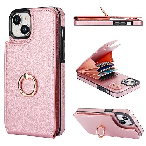 Folosu Compatible with iPhone 15 Plus Case Wallet with Card Holder, 360°Rotation Finger Ring Holder Kickstand, RFID Blocking Leather Protective Double Buttons Shockproof Cover 6.7 Inch Rose Gold