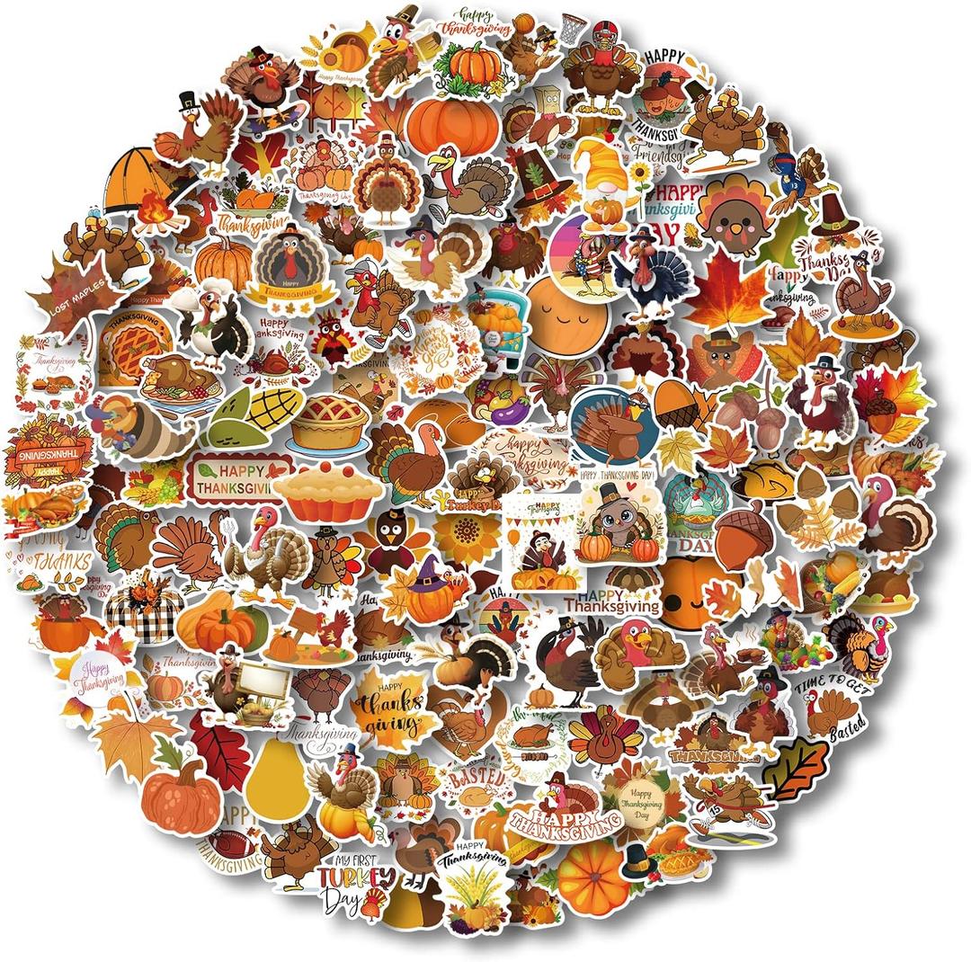 AOWDIAO Thanksgiving Stickers 200 Pcs Cute Thanksgiving Vinyl Stickers for Water Bottles Envelopes Scrapbooking Crafts Funny Fall Hoilday Stickers for Kids Teens Adults