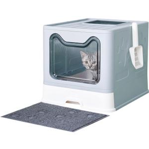 Cat Litter Box with Litter Mat and Scoop, Large Foldable Litter Box with Lid, Front Entry Top Exit Kitty Box, Odor Control, Easy to Clean (Blue)