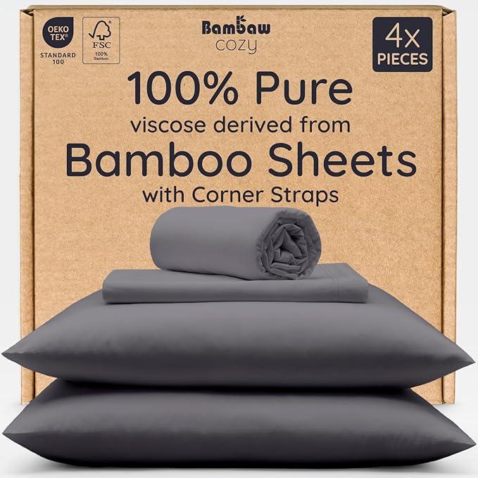 Bambaw 100% Viscose Derived from Bamboo Sheets Queen Size Set – 4pcs Cooling Sheet Set, Super Soft Sheets Queen Size, Luxury Bed Sheets, Deep Pocket Fits Up to 16'' Mattresses (Charcoal)