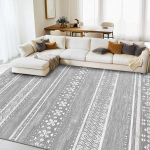 BESTSWEETIE 9x12 Area Rugs for Living Room Washable Moroccan Farmhouse Neutral Geometric Low Pile Non-Slip Soft Print Pattern Rug for Bedroom Kitchen Dining Room Entryway Grey/White