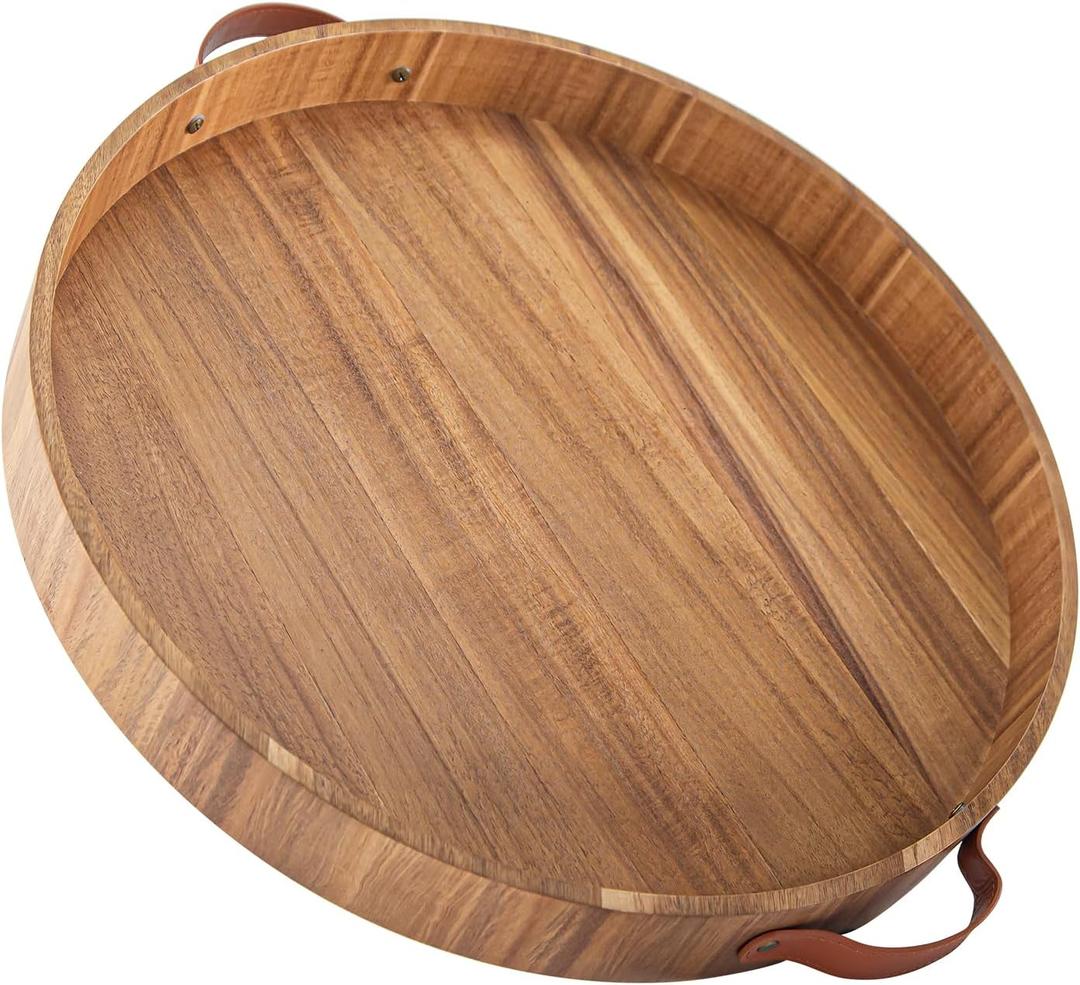 Ottoman Tray with Handles, 20 Inches Round Large Tray for Ottoman Wooden Serving Tray Decorative Trays for Living Room Wooden Trays for Party, Dinner, Breakfast, Appetizers, Entertaining Guests