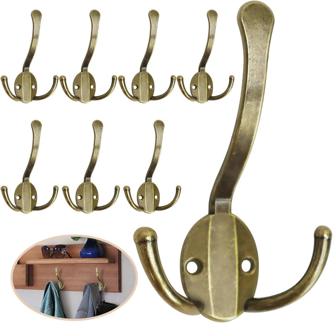 Homanu 8 Pack Coat Hooks Heavy Duty, Metal Three Prongs Large Coat Hooks Wall Mounted with 16 Screws, No Rust Antique Brass Rustic Wall Hooks for Hanging Towel, Coat, Scarf, Bag, Hat, Cup, Key