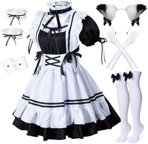 Wannsee Anime French Maid Apron Lolita Fancy Dress Cosplay Costume Furry Cat Ear Gloves Socks set(Plus size 5XL)