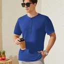 LIFROWI Henley Shirts for Men Short Sleeve Mens T-Shirts Casual V Neck T Shirts Soft Basic Tee Classic Plain Shirts for Summer with Button(1-Blue,X-Large)