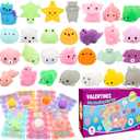 28 Pack Valentines Day Gift Cards for kids with Animal Squishy Toy, Valentine's Party Favor Kawaii Mochi Squishy Toys with Cards, Stress Relief Fidget Toy for Kids Classroom Exchange Prizes