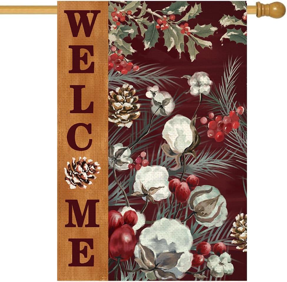 Winter Christmas House Flag 28x40 Inch Double Sided Outside, Welcome Dried Flowers Pine Cone Branch Red Berry Cotton Xmas Holiday Outdoor Seasonal Garden Yard Decoration