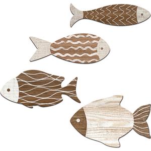 4 Pieces Wooden Fish Wall Decor Set, 12 Inch Coastal Wall Art for Bathroom, Beach House, Family Rooms - with Hooks & Adhesive Pads (Brown)