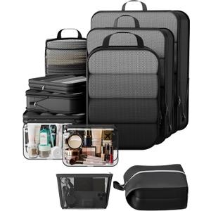 Veken 11 Set Compression Packing Cubes for Travel Essentials,Compressible Expandable Large Luggage Suitcase Organizer Bags for Clothing,Durable Space Saver Storage Bags with Toiletry Bags(Black)