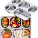Set of 2 Stainless Steel Rectangular Divided Plates Tray 5 Sections Dinner Plates for Adults - Unbreakable Metal Plate for Campers, and Portion Control Reusable Plate