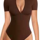 MANGOPOP Long Sleeve Body Suit Mock Turtle Neck Zip Up Bodysuit for Women Ribbed Deep V Sexy Bodysuit Shirts, L