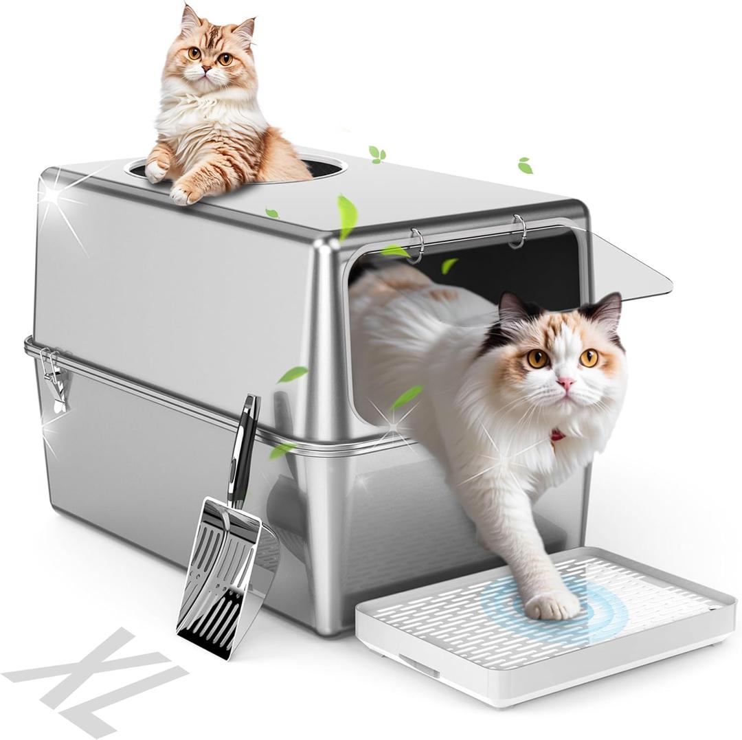 Stainless Steel Litter Box with Lid, Enclosed Metal with High Sides, Large Cat Litter Box, Dog-Proof, Odor Control, Easy to Clean,Durable with Round Edge (Frontal Opening) (Front Entry23.6" x 15.7" x 15.7")
