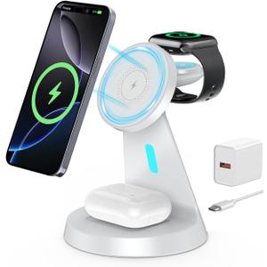 3-in-1 Charging Station Compatible with MagSafe Charger Wireless Charging Station for iPhone 17 16 15 14 13 12 Series Wireless Charger Stand for AirPods Wireless Charging Stand for iWatch Series (White)