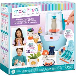 Make It Real Mini Pottery Studio - 26-Piece DIY Pottery Kit with Mess-Free Air Dry Clay - Create 10 Miniature Projects, Beginner to Master Levels - Innovative Centering Tool - Great for Kids Ages 8