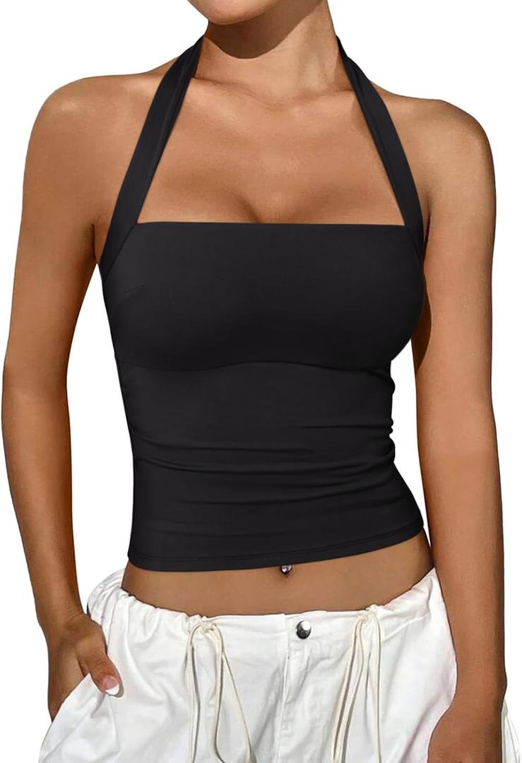 REORIA Halter Tops for Women Summer Sleeveless Going Out Outfits Y2K Trendy Cute Crop Tank Top Clothes Black Medium