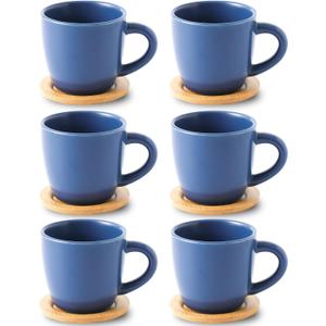 Hasense 8 oz Tea Cups and Saucers Set of 6, Ceramic Coffee Cups Latte Cappuccino Cups with Handle for Double Shot, Cafe Mocha, Espresso, Porcelain Coffee Cups for Party Home and Kitchen, Blue