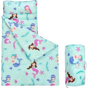 david's kids Toddler Nap Mat Set with Removable Pillow, Ultra Soft Slumber Bags for Boys Girls NeutralPerfect for Preschool, Daycare, Kids Sleeping Bags with Rollup Design, 50"x20", Mermaid