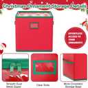 Christmas Ornament Storage Box with Dividers Fits 64 Holiday Ornaments 3 Inches Top Clear Christmas Storage Container with 4 Separate Trays Dual Zippers Red Holiday Ornament Storage Box Bin