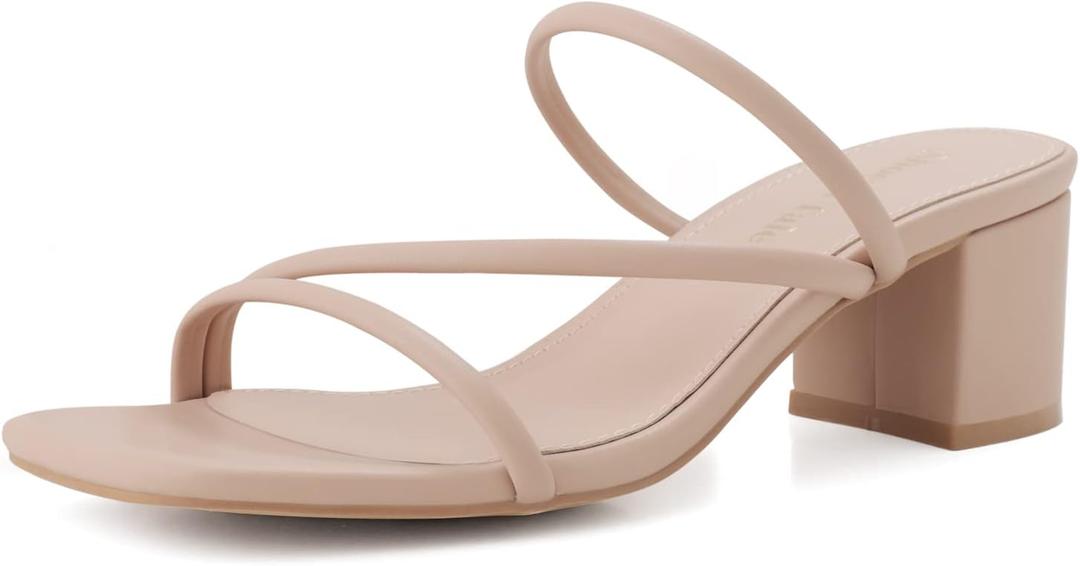 Shoe'N Tale Strappy Heels For Women Low Chunky Block Heel Heeled Sandals Square Open Toe Slip On Slides Mules (8)