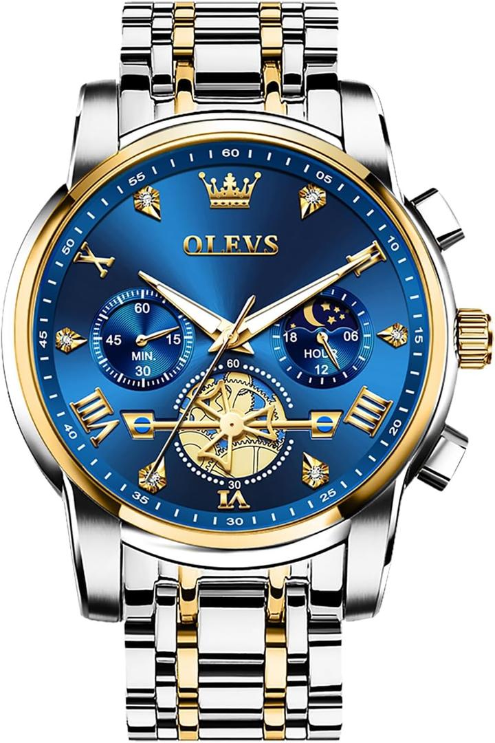 OLEVS Men's Stainless Steel Chronograph Watch, Large Face Easy to Read Roman Numerals Diamond Accented Analog Dress Watches for Men, Elegant Waterproof Luminous Male Quartz Wristwatch (06 Blue Dial/Two Tone Bracelet)