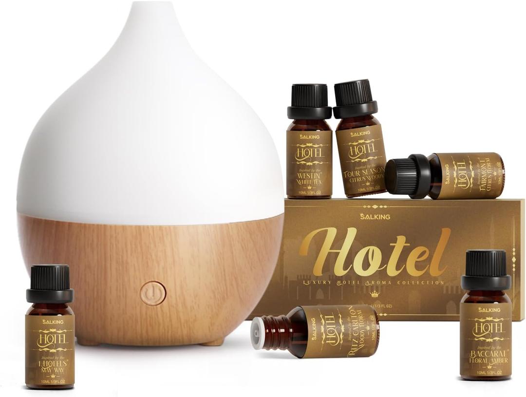 SALKING Essential Oil Diffuser with Luxury Hotel Fragrance Oil Set, 100ml Small Ultrasonic Aromatherapy Diffuser, Auto Shut-Off, Warm White Light, Cool Mist Humidifier for Home & Office (Wooden Grain + Oil)