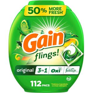 Gain flings Laundry Detergent Pacs, 112 Count, Original Scent with Oxi Boost and Febreze, 3-in-1, HE Compatible