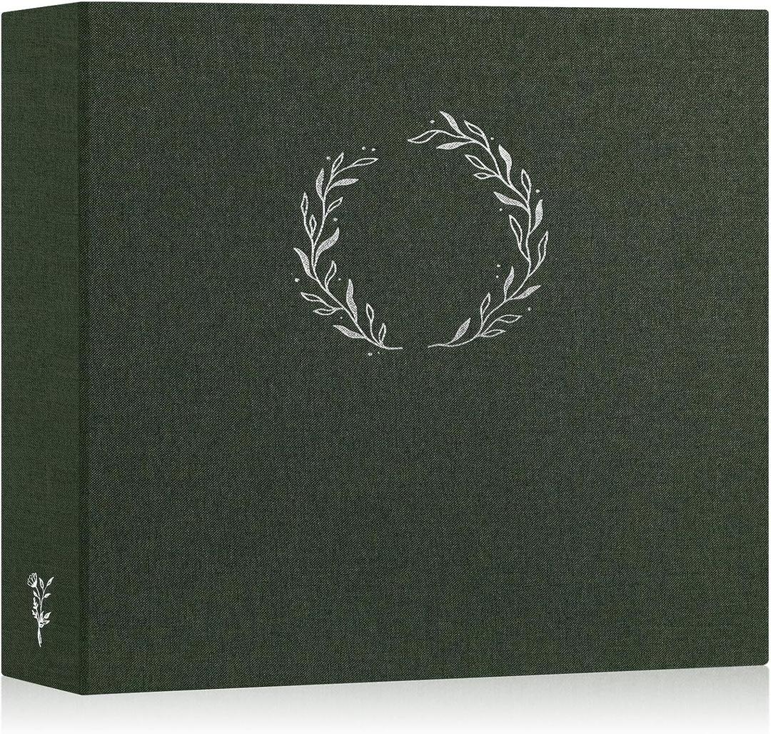 Lanpn Photo Album Scrapbook 12x12, Linen Cover Wreath Design Top Load 3 Ring Folder Binder Photobook Photo Book 12 x 12 inch with 30 Plastic Sleeves 60 Pages Green