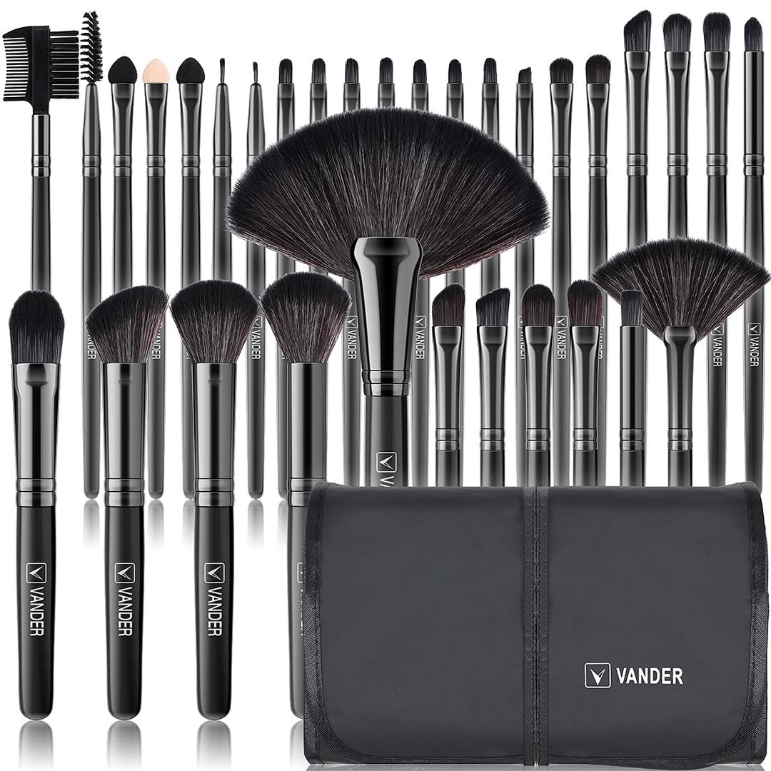Vander Makeup Brushes, 32Pcs Professional Premium Synthetic Makeup Brush Set with Case, Eyeshadow Foundation Blending Face Contour Cosmetic Brush Travel Make up Brushes Set for Women, Girl (Black)