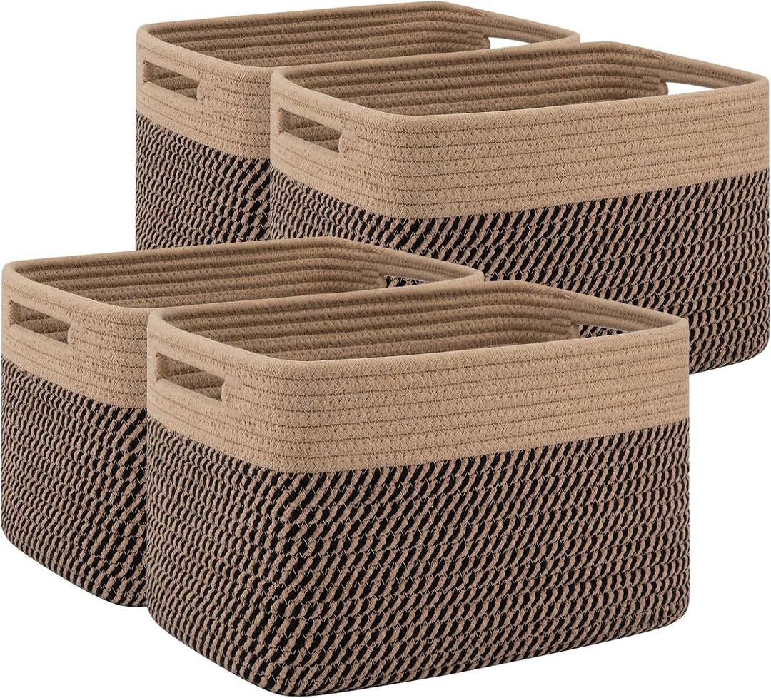 4 Pack Storage Baskets for Organizing, Woven Baskets for Shelves - Perfect for Toys, Books, Towels, and Clothes, Durable Gift Basket Bins Toy Storage, 12.7''L x9''W x7.8''H, Black and Brown