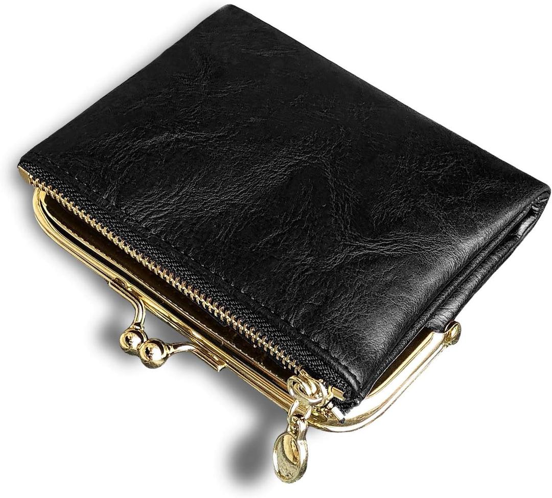 AOXONEL Womens Wallet Small Rfid Ladies Compact Bifold Leather Vintage Coin Purse With Zipper and Kiss Lock (Black)
