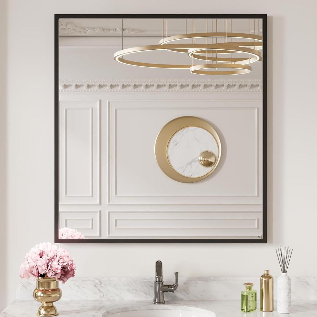 LOAAO 30"X36" Black Rectangle Bathroom Mirror Wall, Matte Black Aluminum Alloy Frame, Tempered Glass, Hangs Vertically or Horizontally, Easy to Install