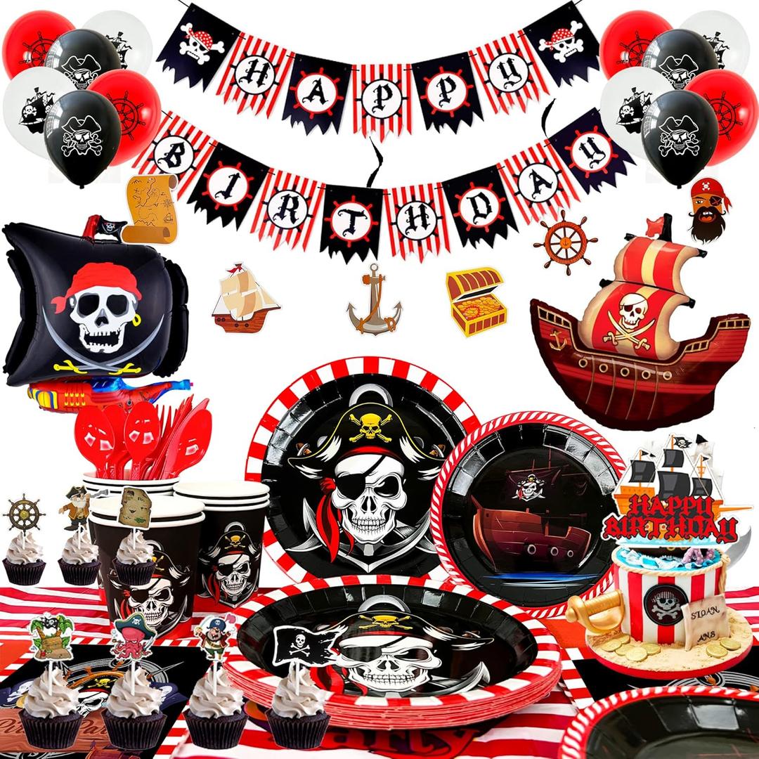 161 Pcs Pirate Birthday Party Decorations Supplies, 16 Guests Pirate Party Tableware Set Boat Hanging Swirls Captain Plates Cups Napkins Tablecloth Banner Balloons etc for Captain Birthday Decorations