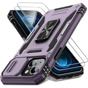 DEERLAMN Case for iPhone 15 with Slide Camera Cover + Screen Protector (2 Packs), Rotated Ring Kickstand Military Grade Shockproof Protective Cover-Deep Purple
