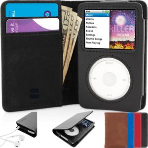 iPod Classic Case, Snugg Black Leather Flip Case [Card Slots] Executive Apple iPod Classic Wallet Case Cover and Stand Legacy Series