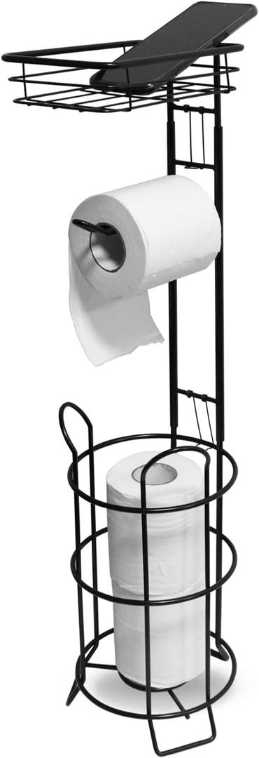 Toilet Paper Holder Stand Bathroom Toilet Paper Storage with Raised Base, Tissue Paper Roll Dispenser with Top Shelf (Black)