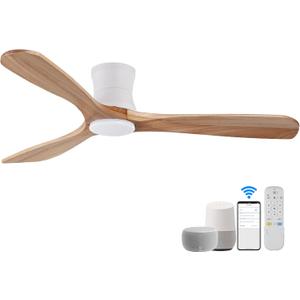 Hoenofly Smart 52 Wood Flush Mount Ceiling Fans with Lights and Remote,Quiet DC Motor,Outdoor Indoor Ultra Low Profile Ceiling Fan works with Alexa WIFI APP,Modern White Ceiling Fan for Bedroom Patio