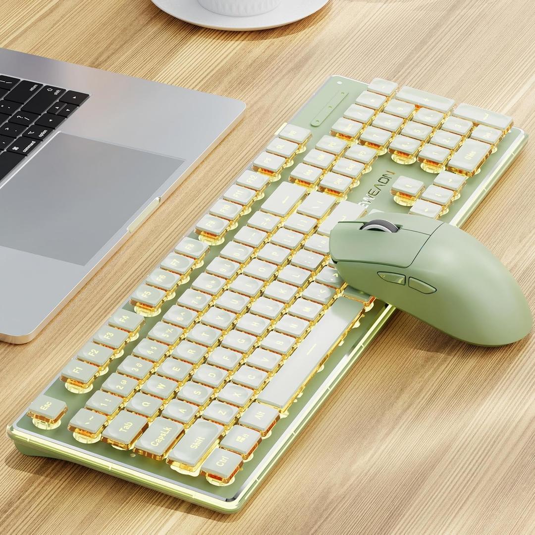 V3 Wireless Keyboard and Mouse with Single Backlit, Metal Panel, Bluetooth/2.4G Rechargeable Silent Keyboard and Mouse Combo Light up Full Size Cute Keyboards, Green