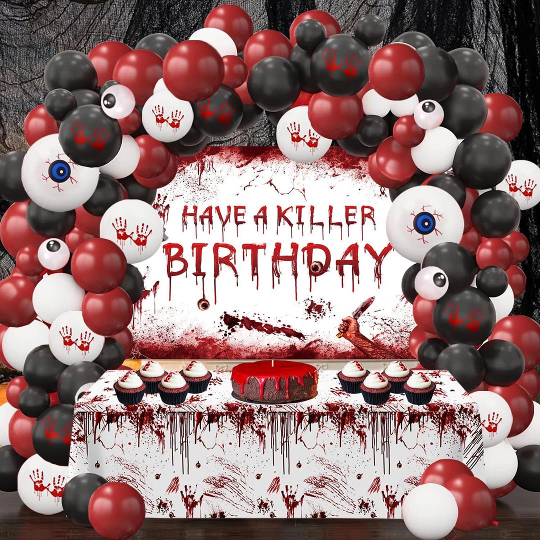 MEHOFOND Halloween Balloon Garland with Bloody Tablecloth Have a Killer Birthday Banner Black Red and Bloody Hand Print White Balloons for Halloween Scary Birthday Party Decorations Supplies
